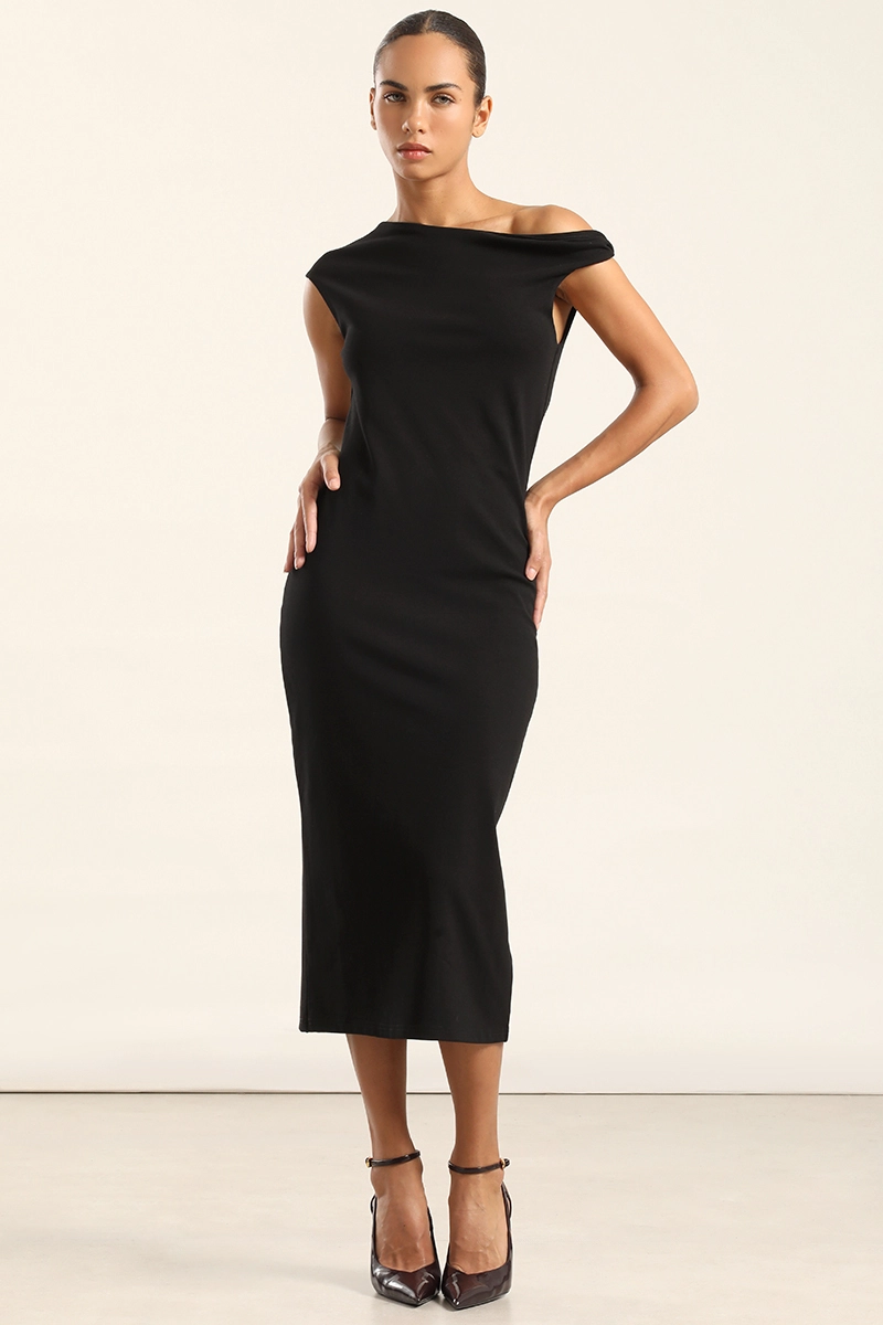 VESTIDO MIDI, HOMBRO TORCIDO, NEGRO LIOLA - 5