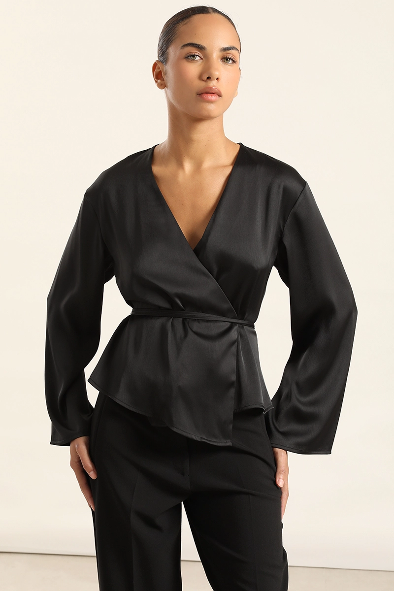 BLUSA CRUZADA SATIN, NEGRO LIOLA - 3