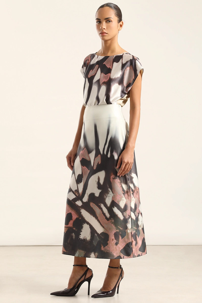 FALDA MIDI SATIN ESTAMPADO, BEIGE LIOLA - 1