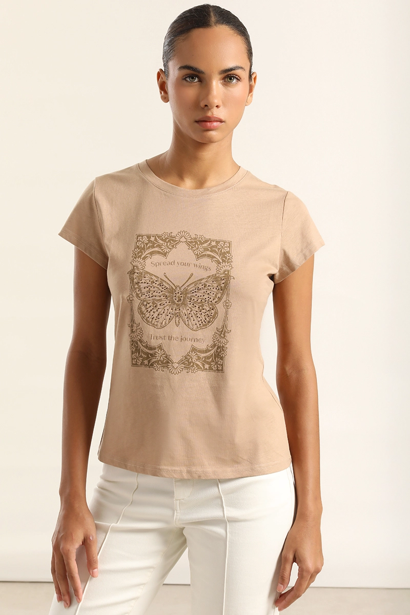 POLERA ALGODON CON ESTAMPADO, CAMEL LIOLA - 1
