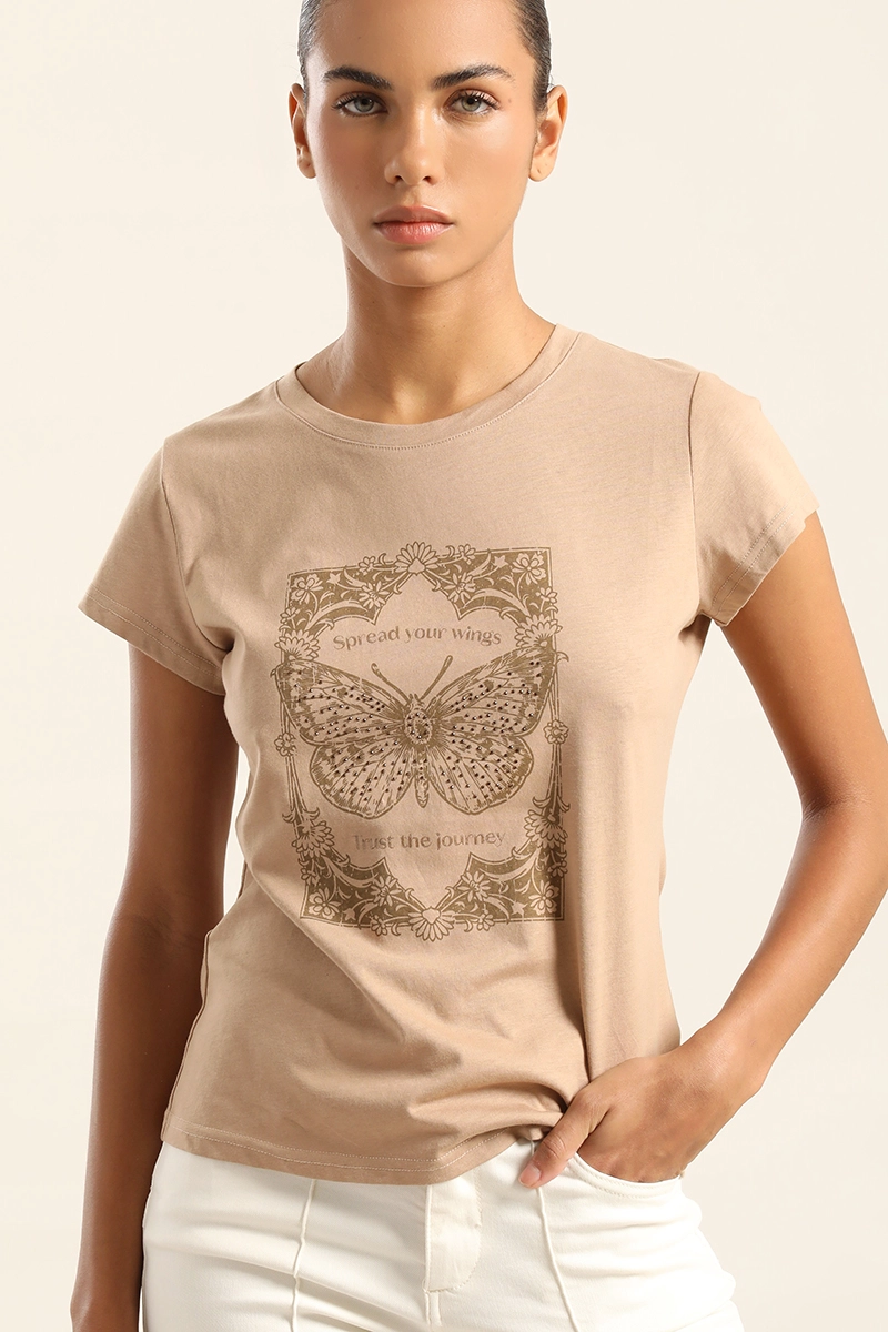 POLERA ALGODON CON ESTAMPADO, CAMEL LIOLA - 3
