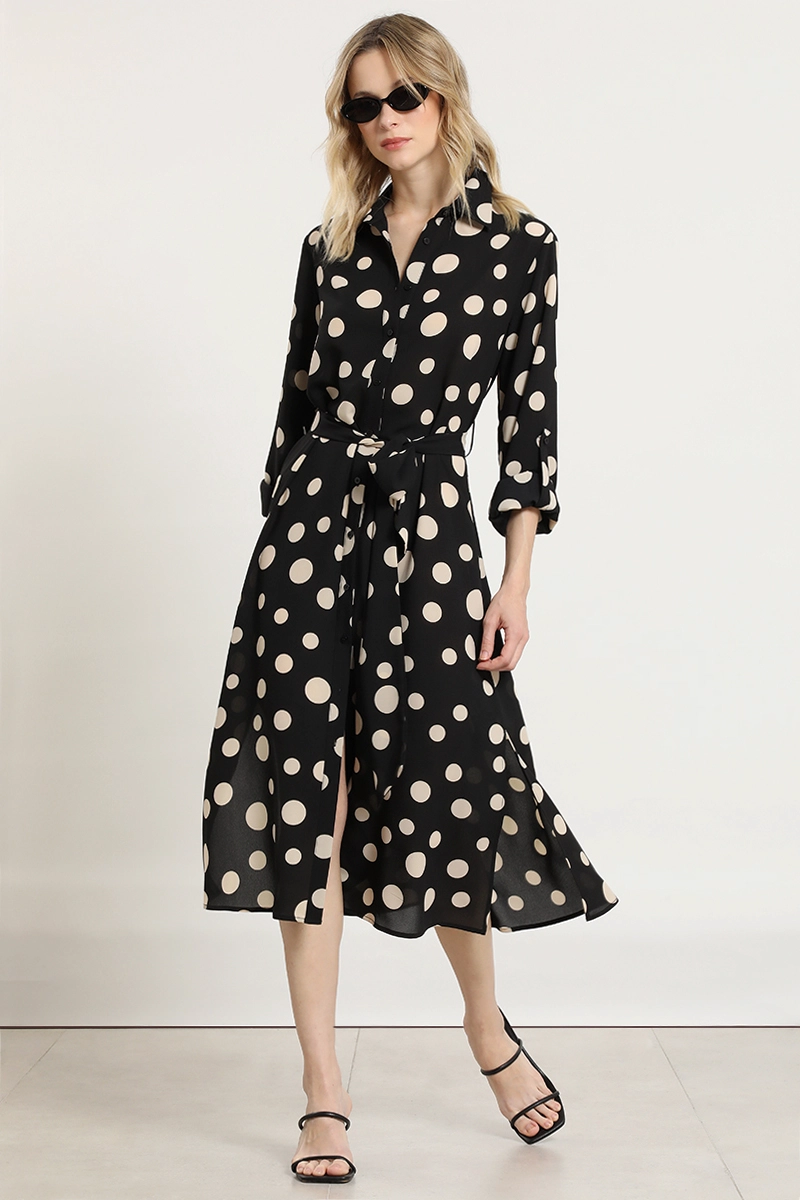 VESTIDO LUNARES CON AMARRE, NEGRO LIOLA - 1