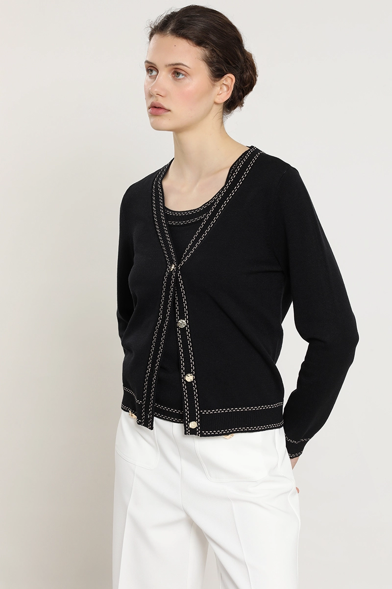 CARDIGAN PUNTO, LINEAS CONTRATONO, NEGRO LIOLA - 1