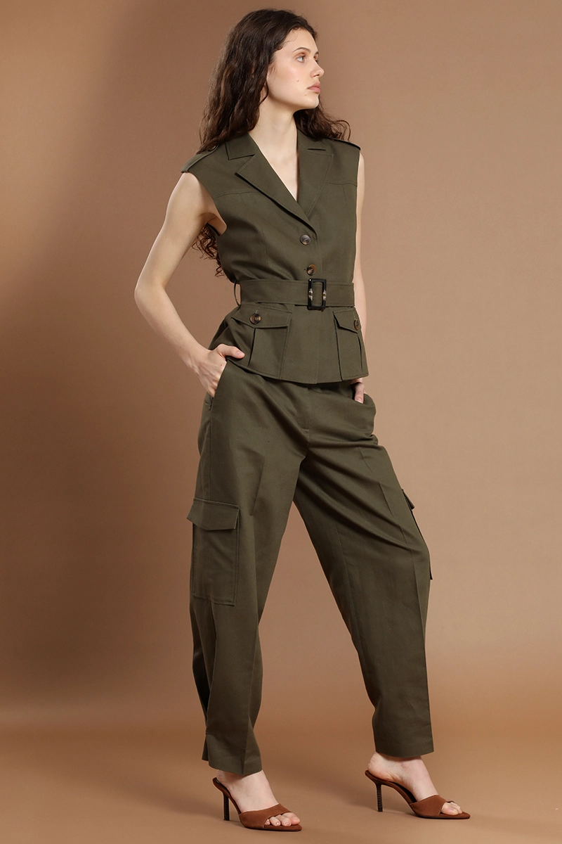 PANTALON CARGO, LINO ALGODON, VERDE LIOLA - 1