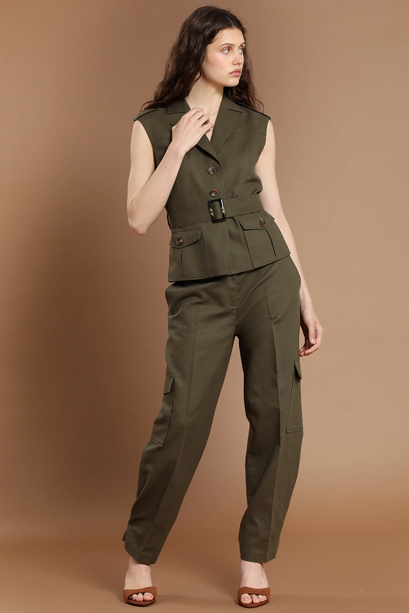 PANTALON CARGO, LINO ALGODON, VERDE LIOLA - 2