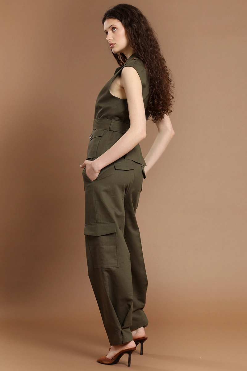 PANTALON CARGO, LINO ALGODON, VERDE LIOLA - 5