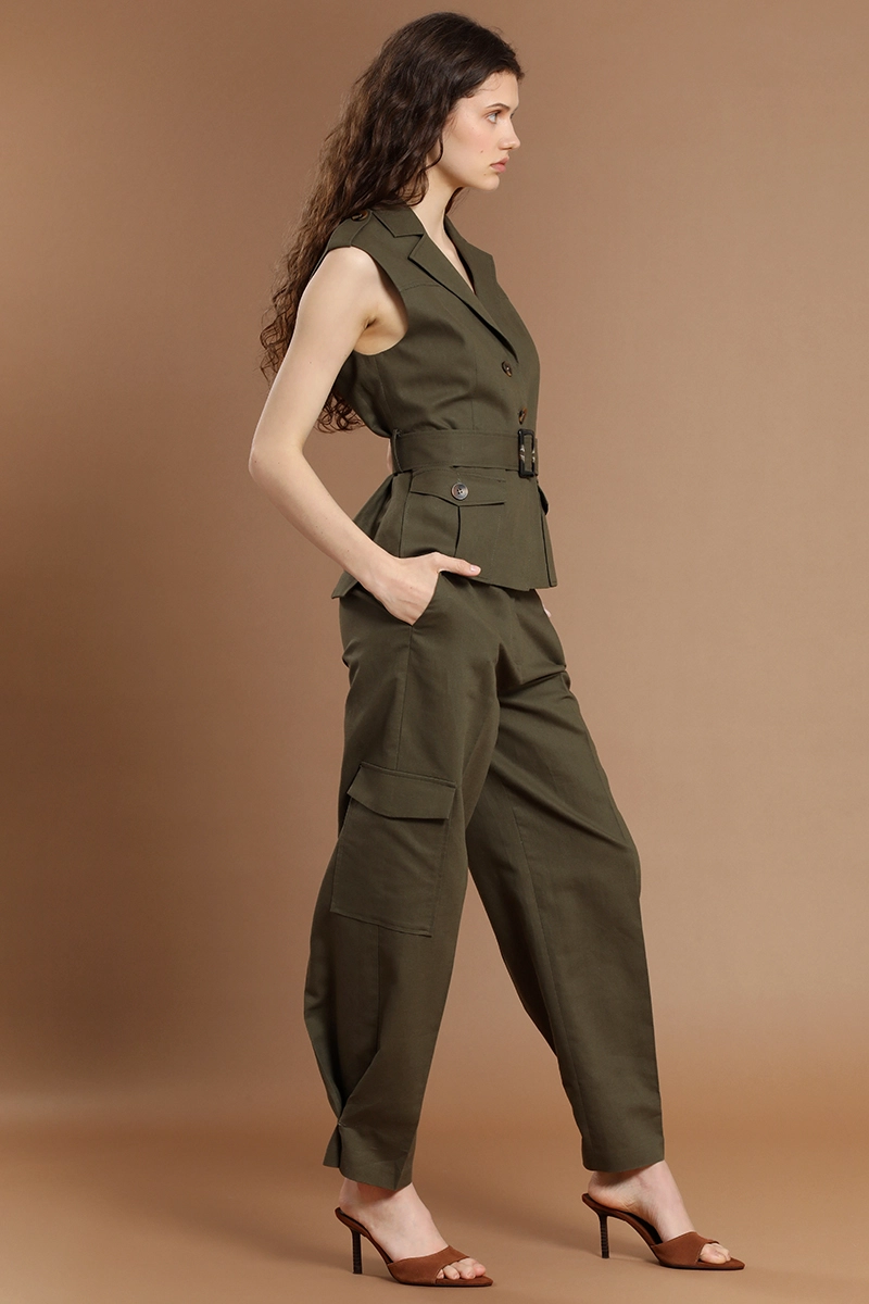 PANTALON CARGO, LINO ALGODON, VERDE LIOLA - 6