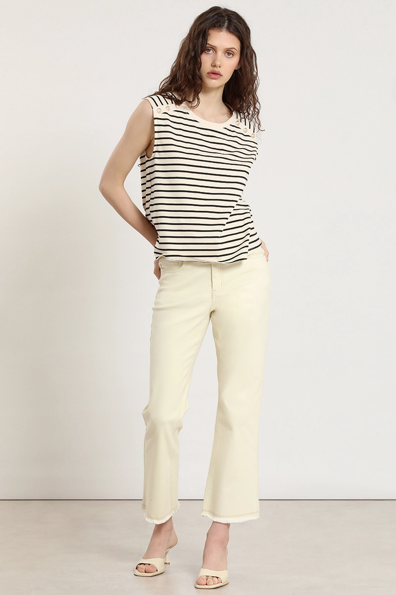 POLERA RAYAS, BOTONES METALICOS, BEIGE LIOLA S