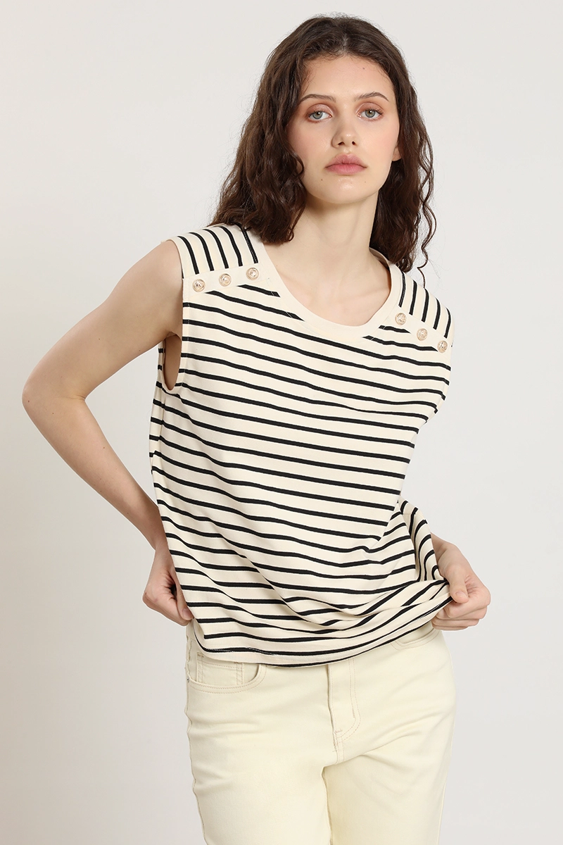 POLERA RAYAS, BOTONES METALICOS, BEIGE LIOLA - 2