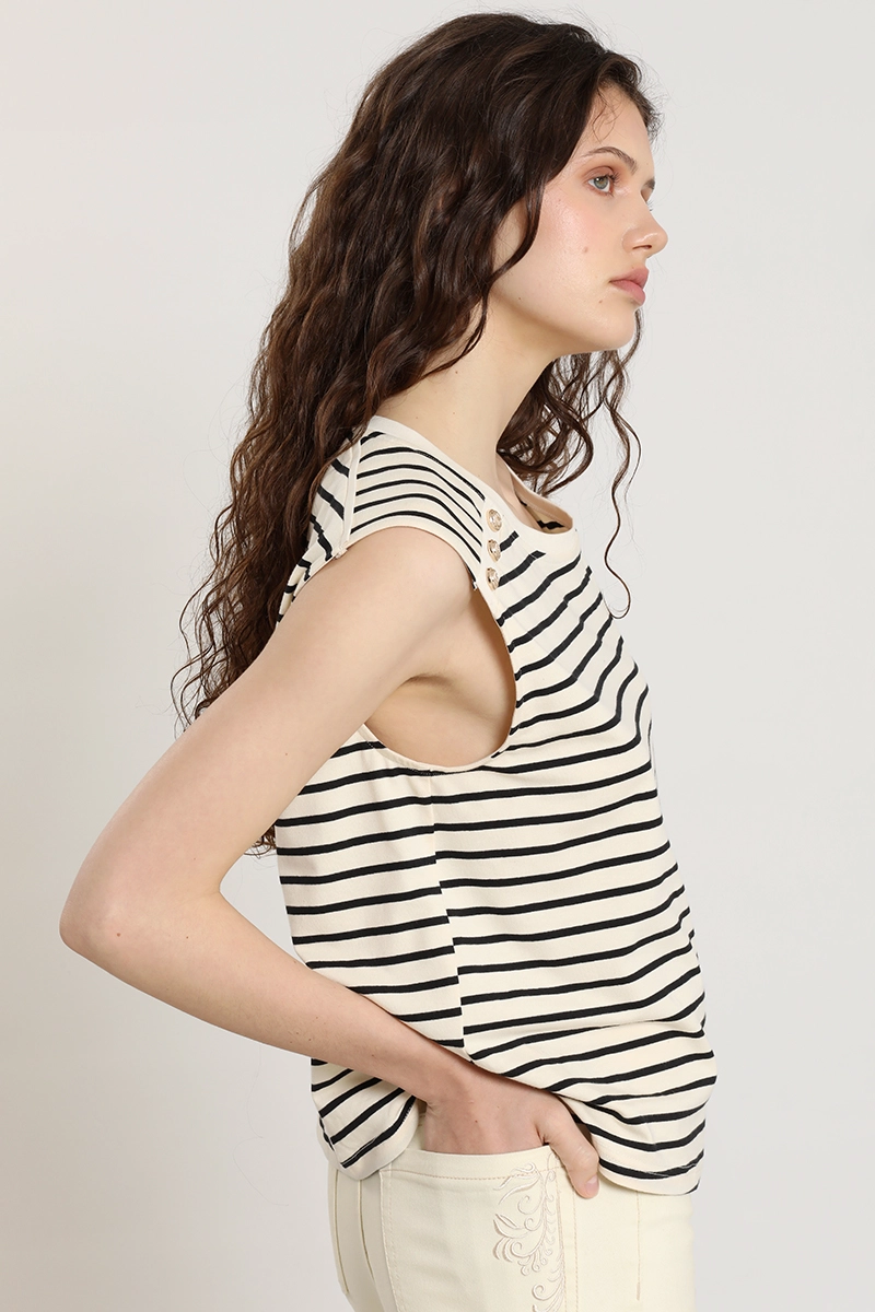 POLERA RAYAS, BOTONES METALICOS, BEIGE LIOLA - 3