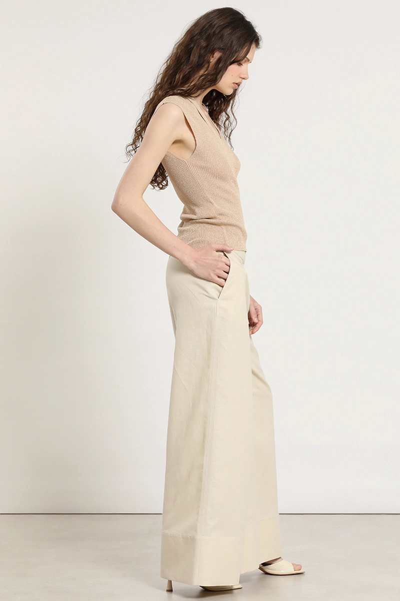 PANTALON ANCHO, LINO ALGODON, BEIGE LIOLA - 4