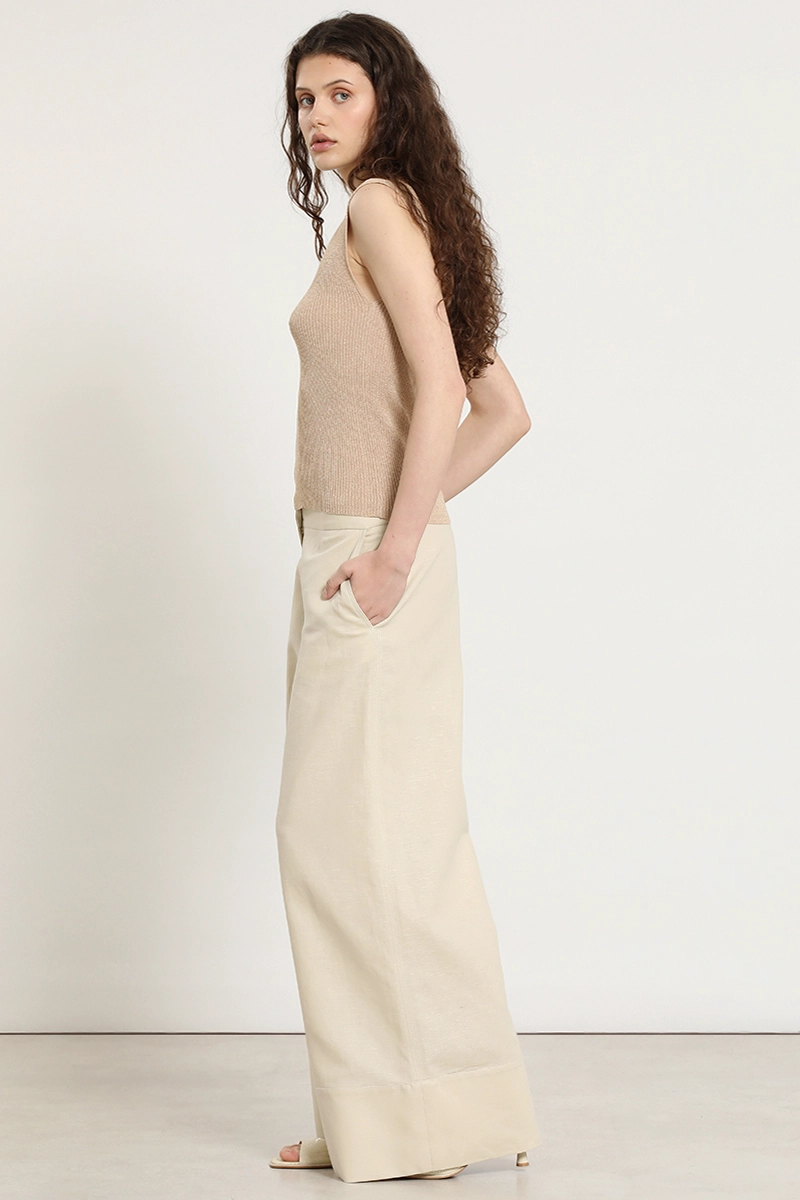 PANTALON ANCHO, LINO ALGODON, BEIGE LIOLA - 5