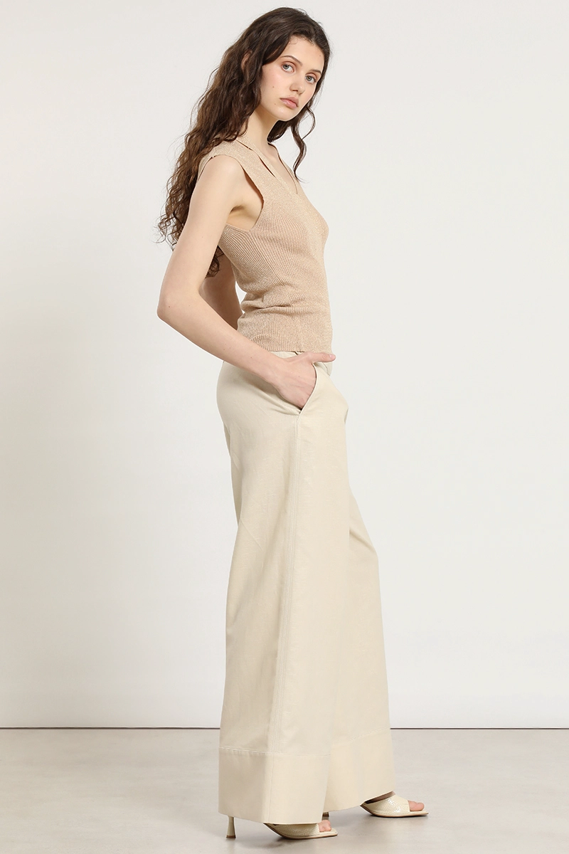 PANTALON ANCHO, LINO ALGODON, BEIGE LIOLA - 6