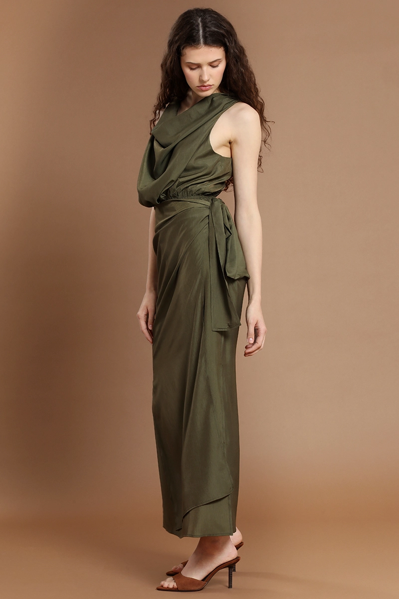 VESTIDO LARGO, ENVOLVENTE ELASTICADA, MILITAR LIOLA - 4