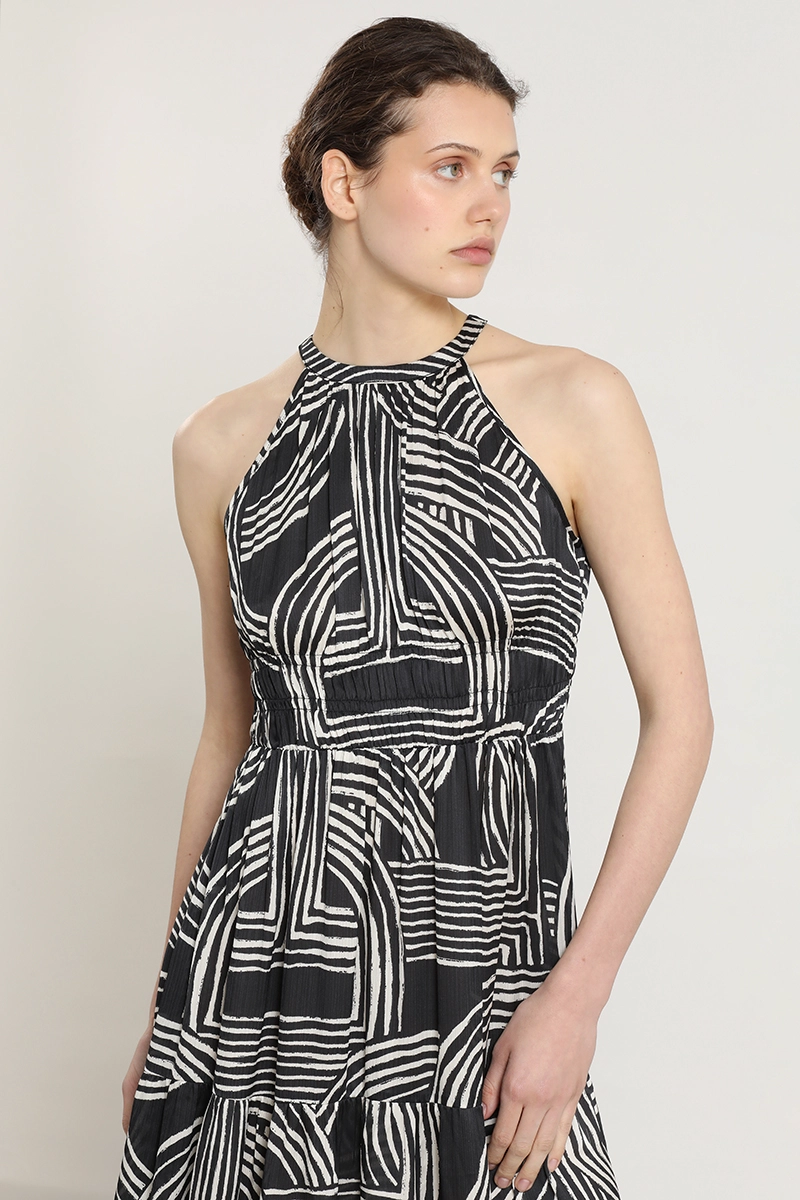 VESTIDO ESTAMPADO CINTURA ELASTICADA, NEGRO LIOLA - 1
