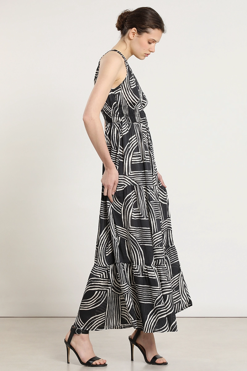 VESTIDO ESTAMPADO CINTURA ELASTICADA, NEGRO LIOLA - 4