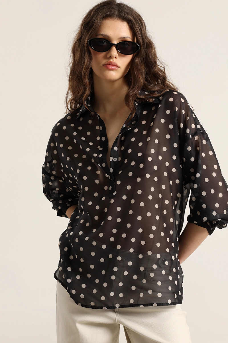 BLUSA SEMITRASNPARENTE LUNARES, NEGRO LIOLA - 1
