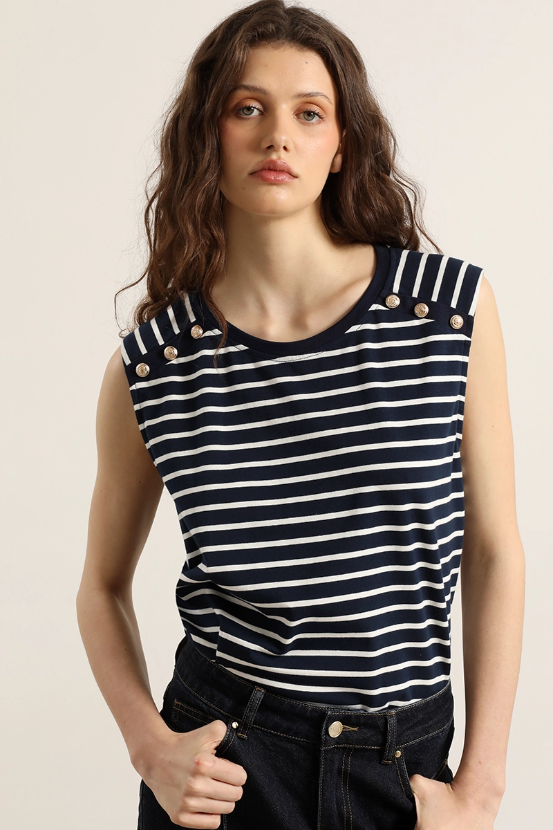POLERA RAYAS, BOTONES METALICOS, AZUL LIOLA M