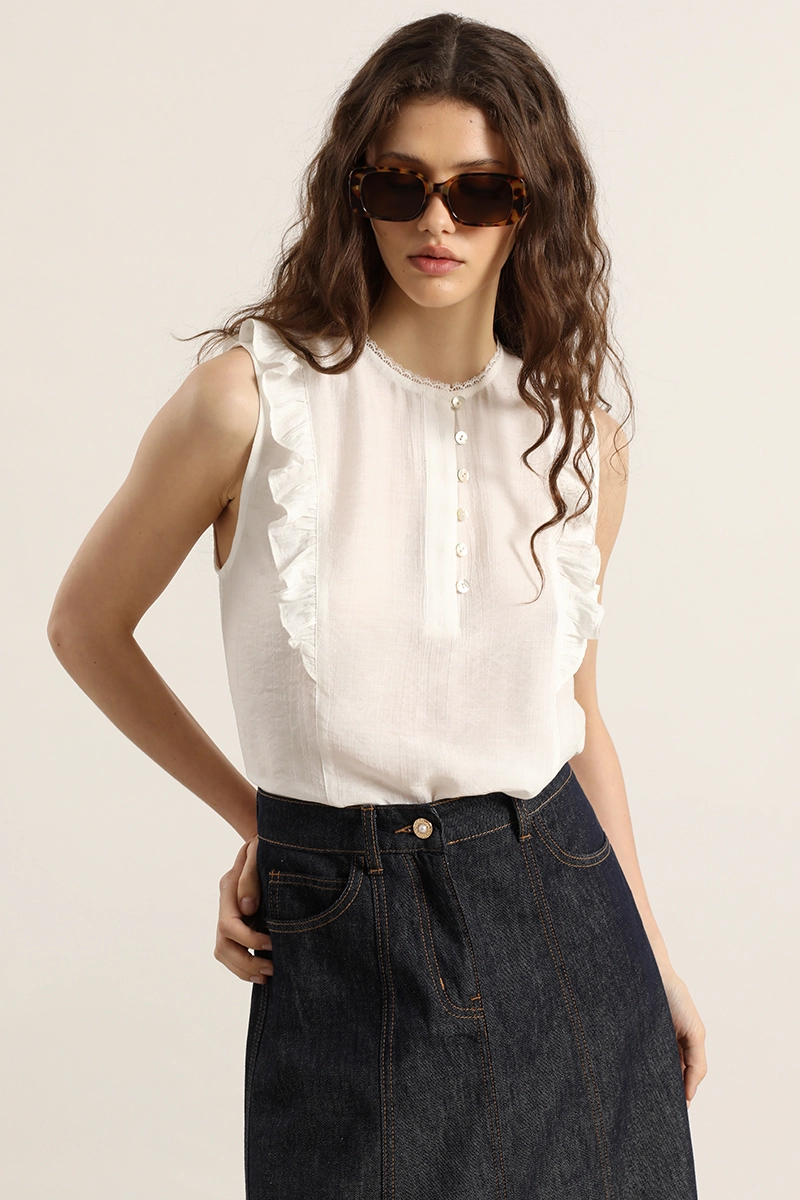 BLUSA VOLANTES, APLICACION ENCAJE, CRUDO LIOLA - 6