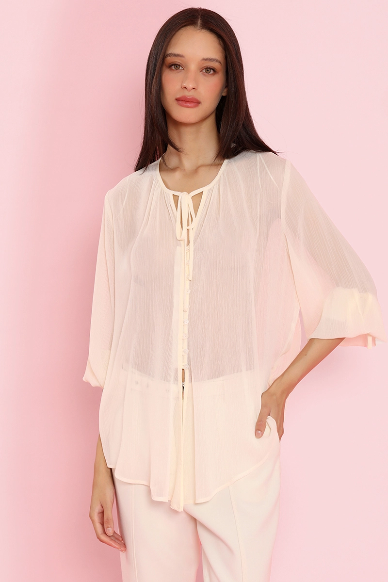 BLUSA SEMITRANSPARENTE, AMARRE CUELLO, BEIGE LIOLA - 1