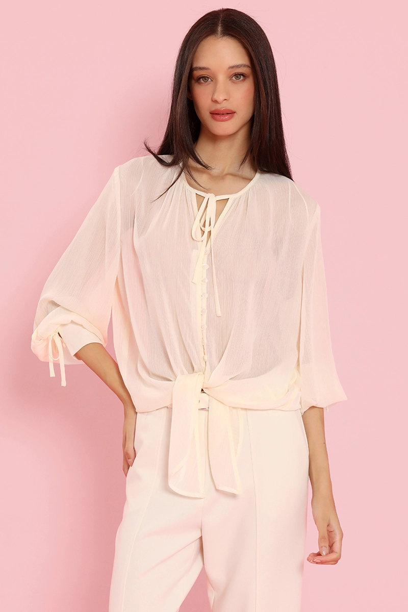 BLUSA SEMITRANSPARENTE, AMARRE CUELLO, BEIGE LIOLA - 3