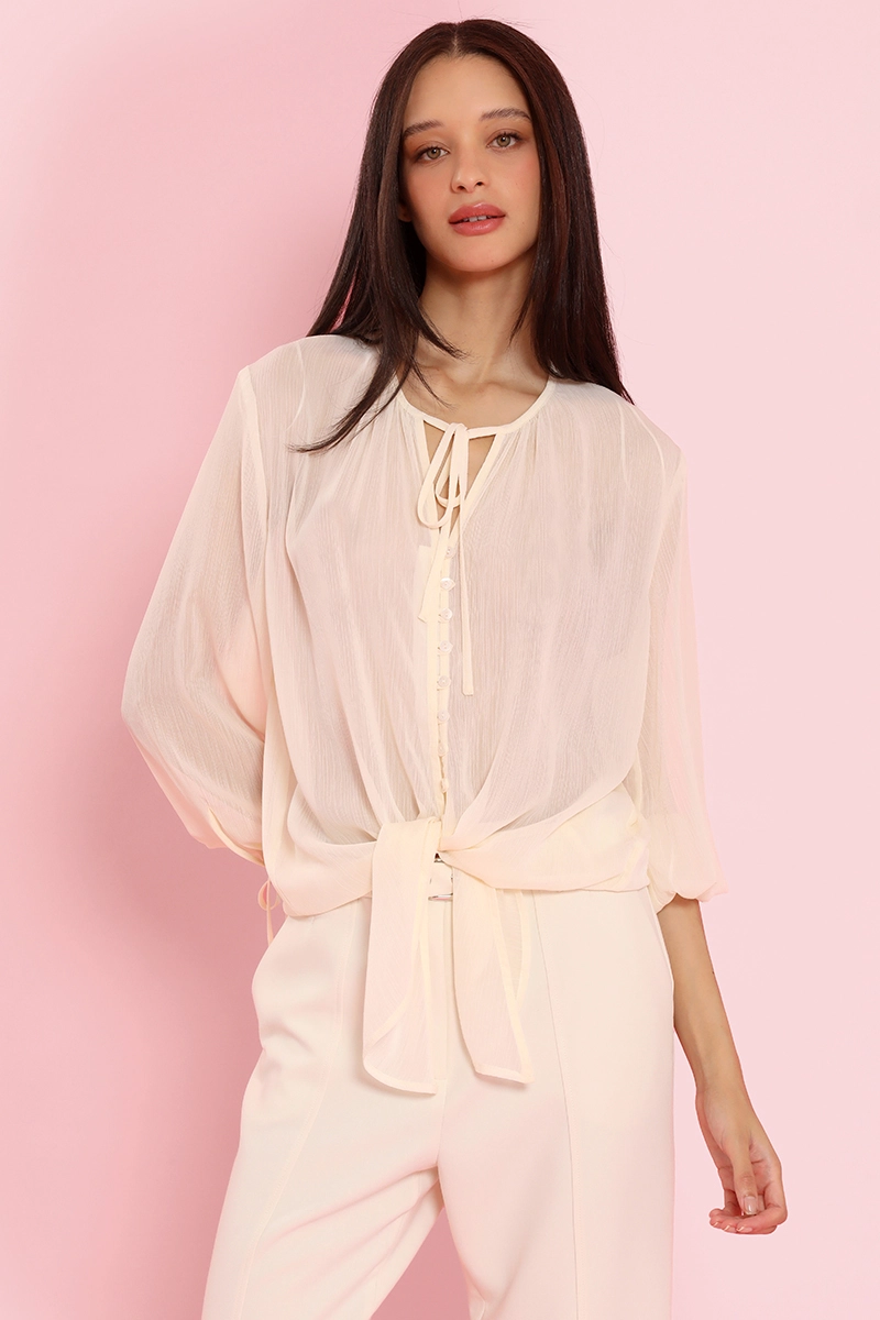 BLUSA SEMITRANSPARENTE, AMARRE CUELLO, BEIGE LIOLA - 5