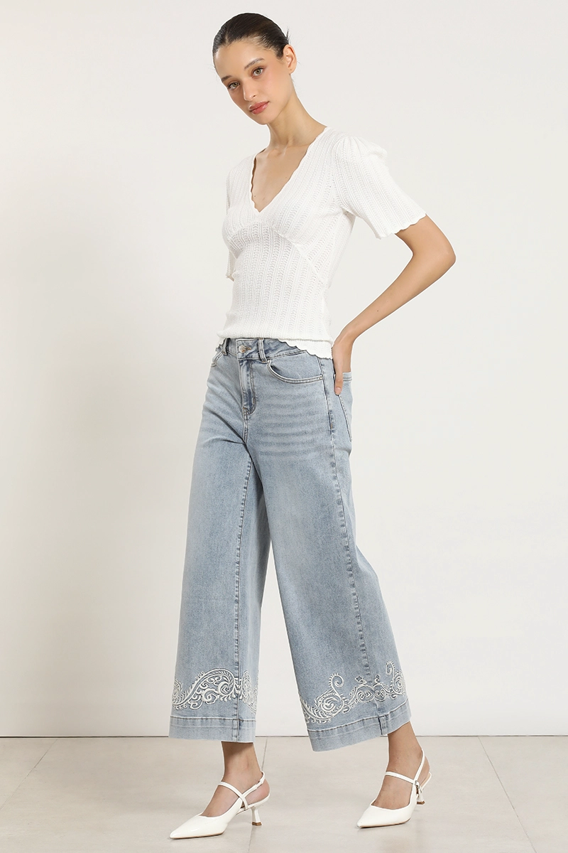 JEANS WIDE LEG, BORDADO, CELESTE LIOLA - 1