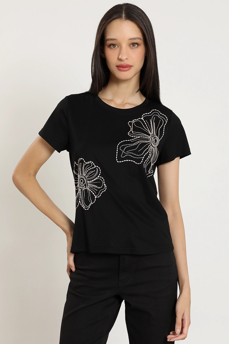 POLERA BORDADO CON PIEDRERIA, NEGRO LIOLA - 1