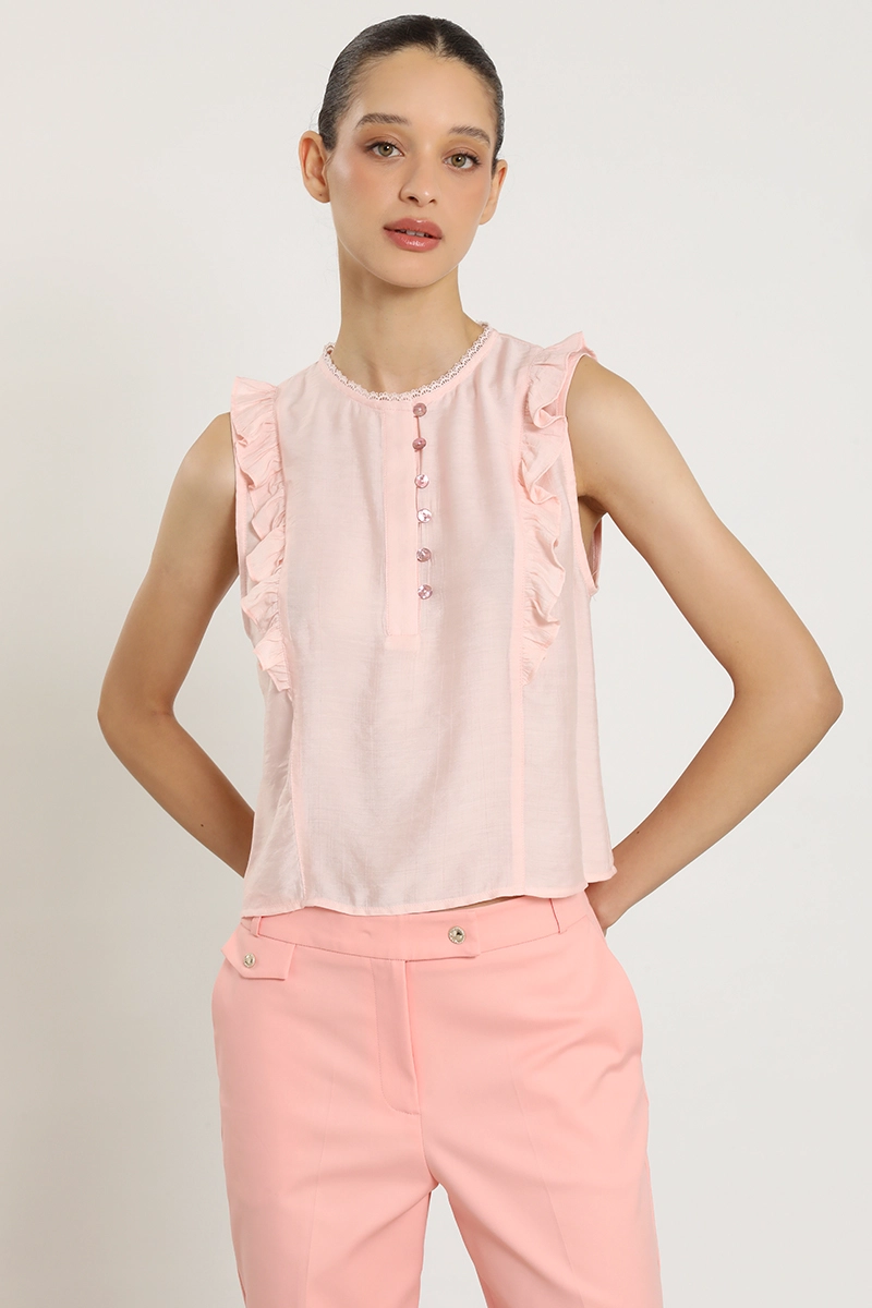 BLUSA VOLANTES, APLICACION ENCAJE, ROSA LIOLA S