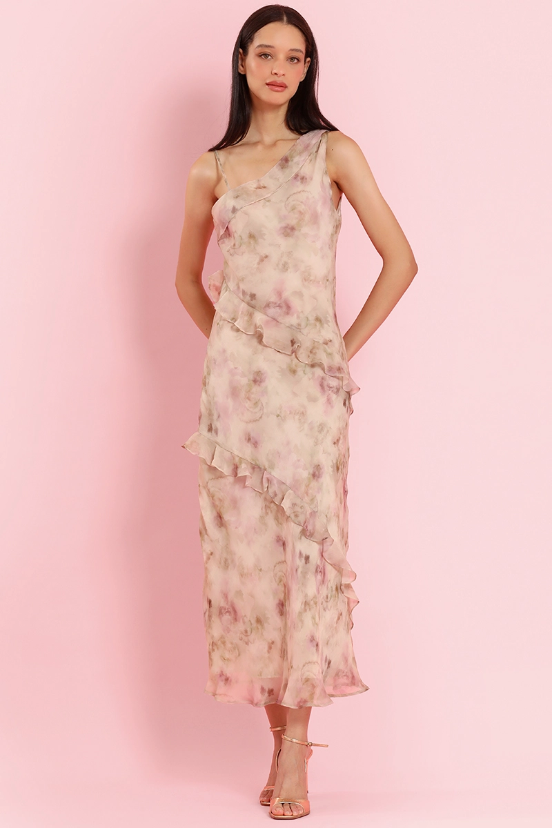 VESTIDO MAXI ESTAMPADO, VUELOS, BEIGE LIOLA - 1