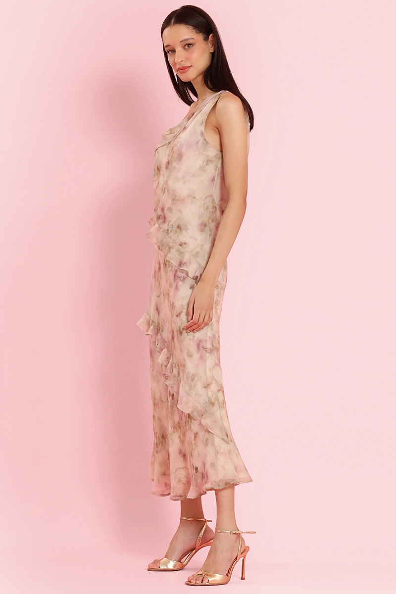 VESTIDO MAXI ESTAMPADO, VUELOS, BEIGE LIOLA - 4