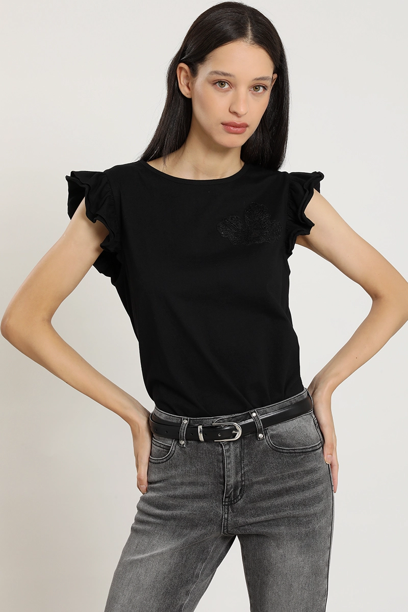 POLERA BORDADO, APLICACION STRASS, NEGRO LIOLA S