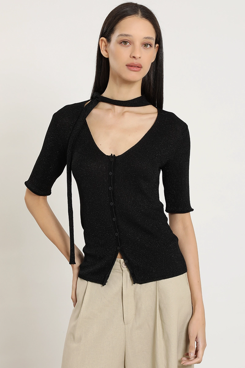 CARDIGAN PUNTO, LAZO CUELLO, NEGRO LIOLA - 1