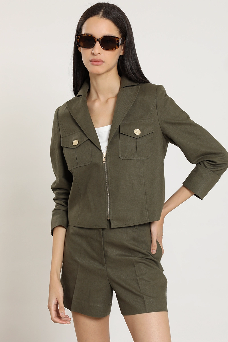 CHAQUETA CROPPED, LINO ALGODON, VERDE LIOLA - 1