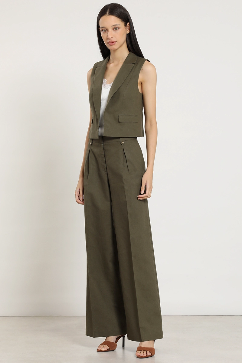 PANTALON ANCHO, LINO ALGODON, VERDE LIOLA - 1
