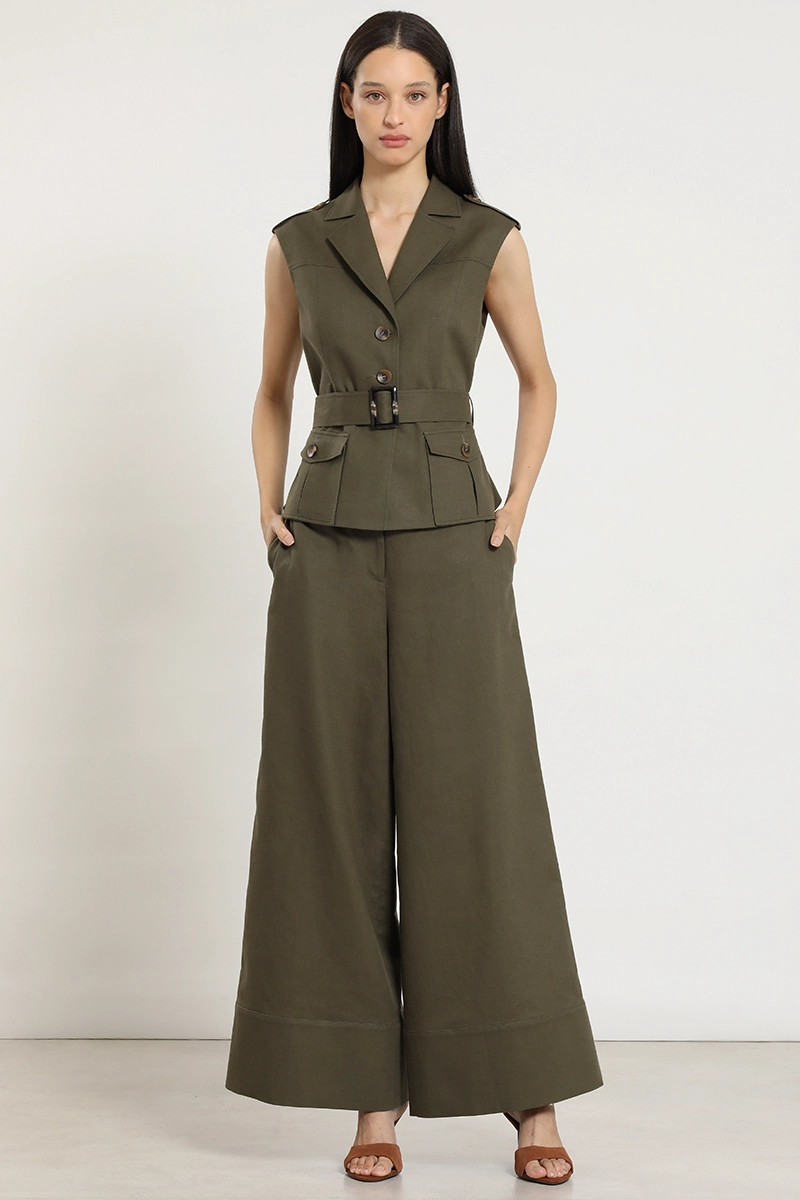 PANTALON ANCHO, LINO ALGODON, MILITAR LIOLA - 1