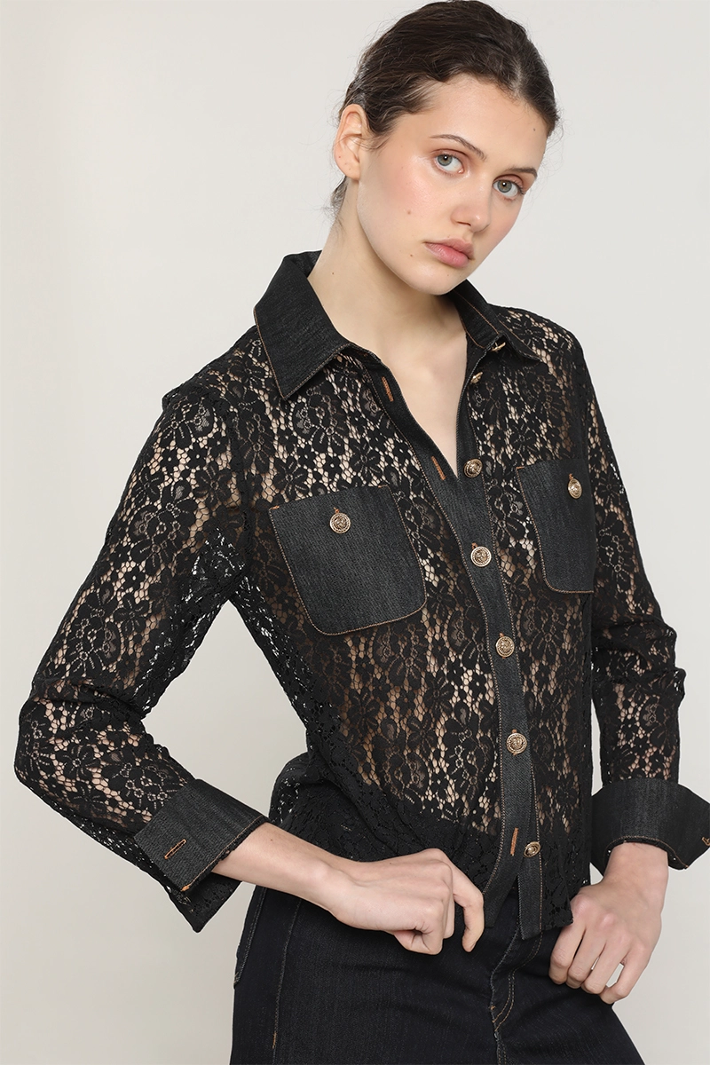 BLUSA MIX ENCAJE DENIM, NEGRO LIOLA - 1