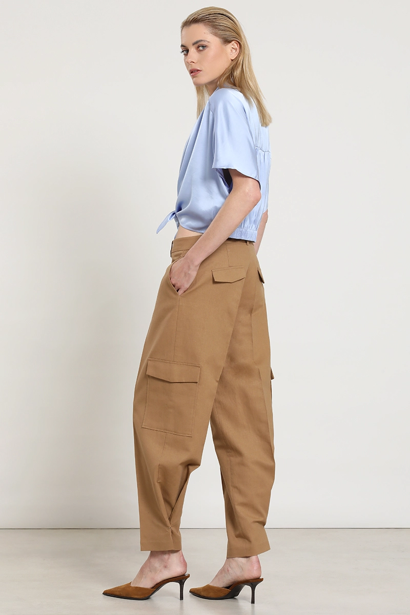 PANTALON CARGO, LINO ALGODON, CAMEL LIOLA - 1