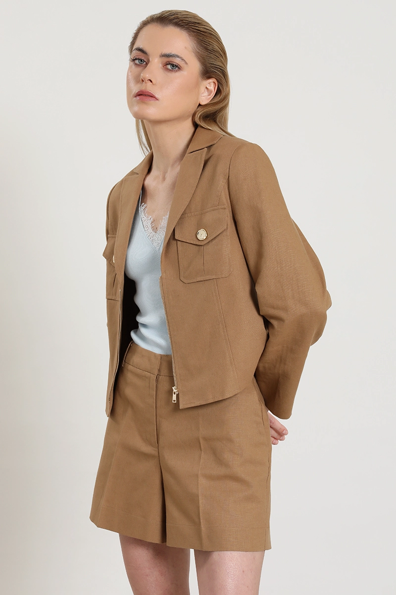 CHAQUETA CROPPED, LINO ALGODON, CAMEL LIOLA - 1