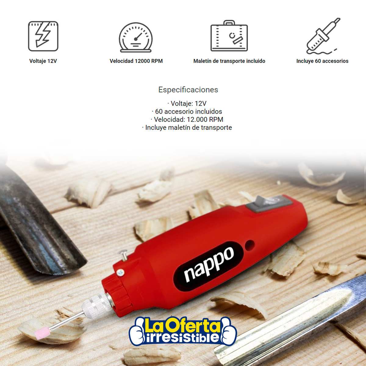 MINI TORNO NAPPO 12000RPM CON 60 ACCESORIOS MALETIN LOI - 3