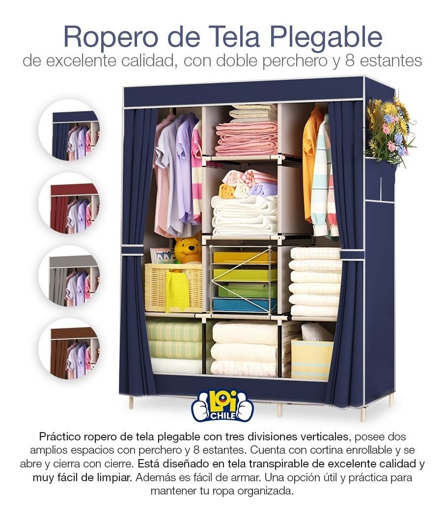 CLÓSET GRIS ROPERO TELA CON COLGADOR 8 ESTANTES 170X130X45 LOI - 2