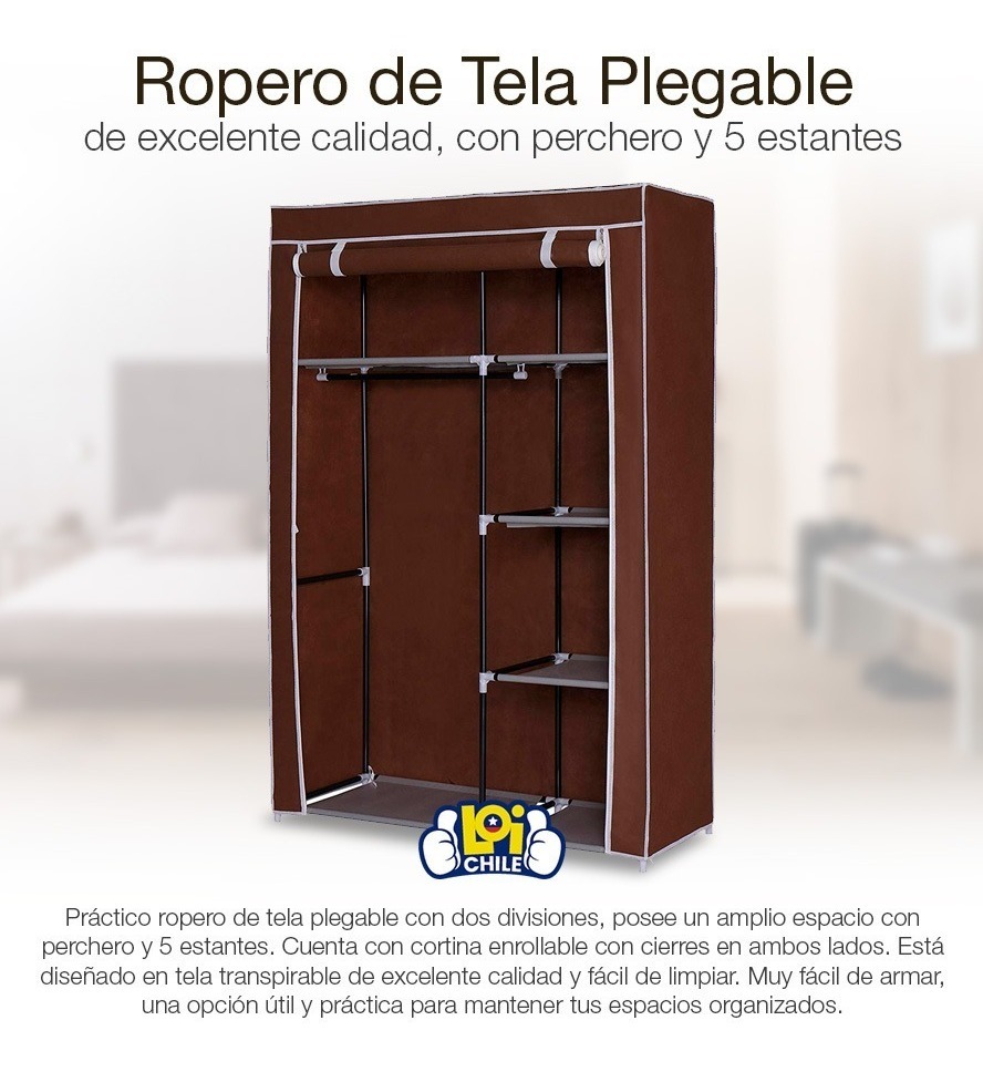 CLOSET ROPERO DE TELA CON COLGADOR 5 ESTANTES MARRÓN 170X100X50 LOI - 2