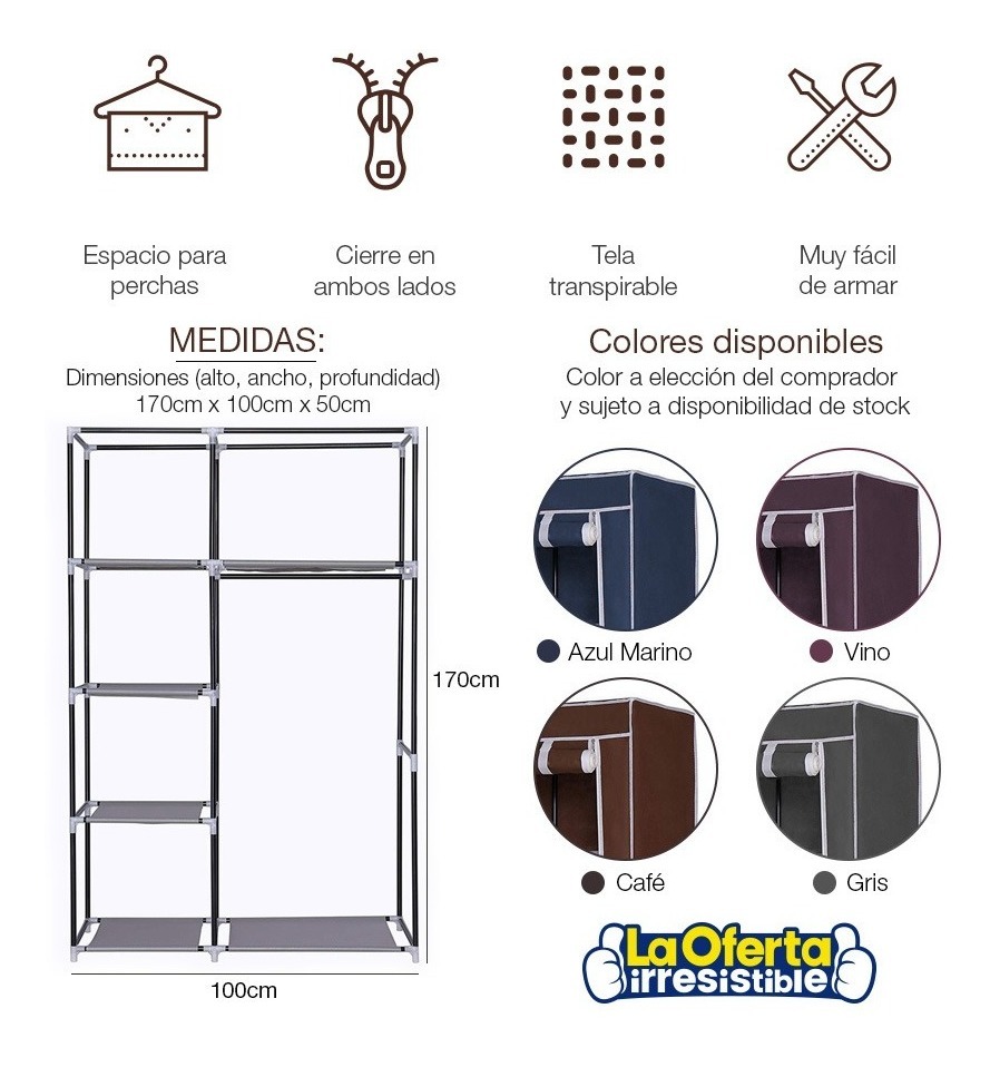 CLOSET ROPERO DE TELA CON COLGADOR 5 ESTANTES MARRÓN 170X100X50 LOI - 3