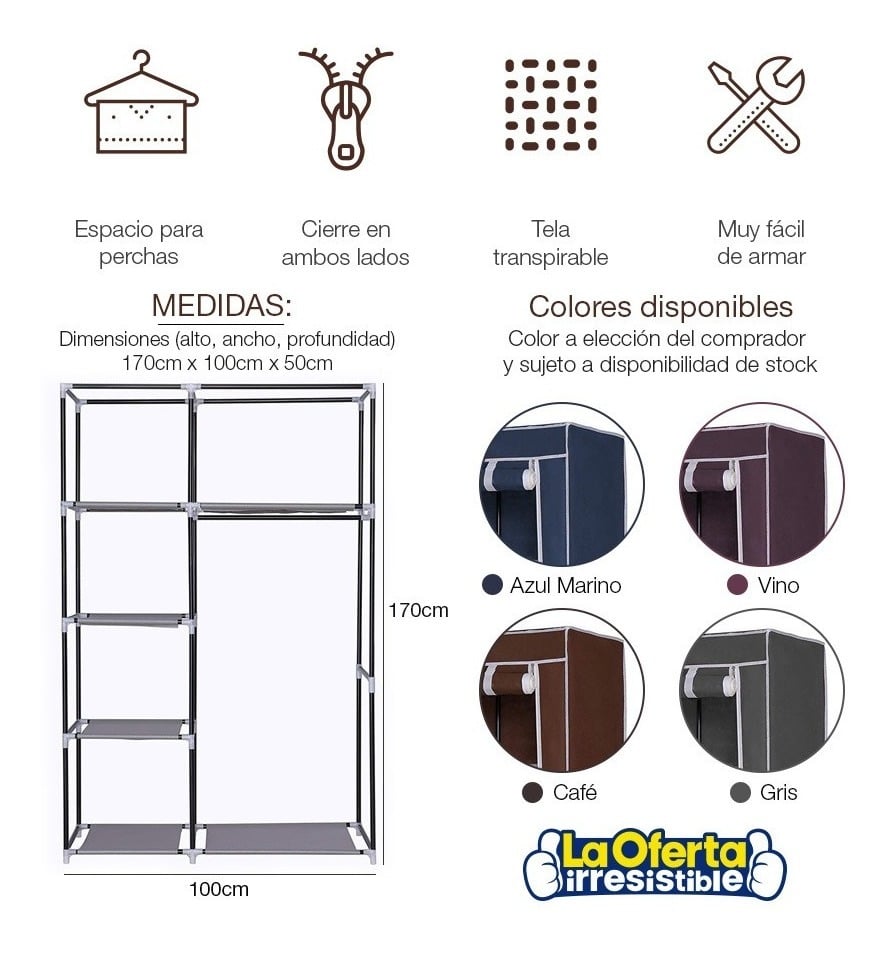 CLÓSET GRIS ROPERO TELA CON COLGADOR 5 ESTANTES 170X100X50 LOI - 2