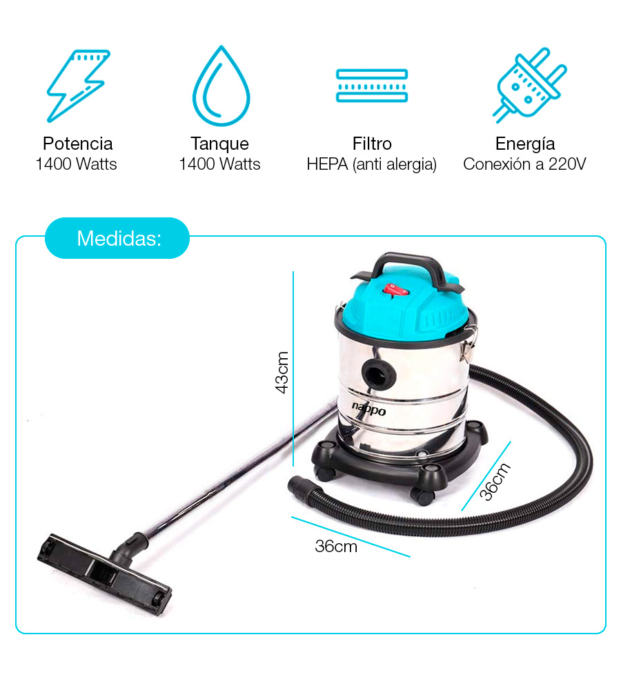 ASPIRADORA NAPPO NLAI-028 INDUSTRIAL 1400W 20L POLVO Y AGUA - 3