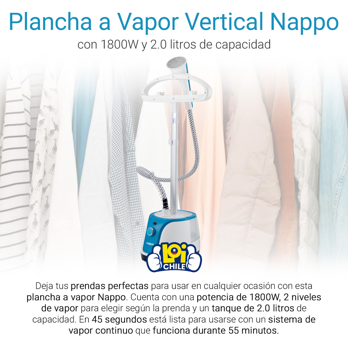 PLANCHA A VAPOR VERTICAL NAPPO 1800W REGULABLE 2L - 6