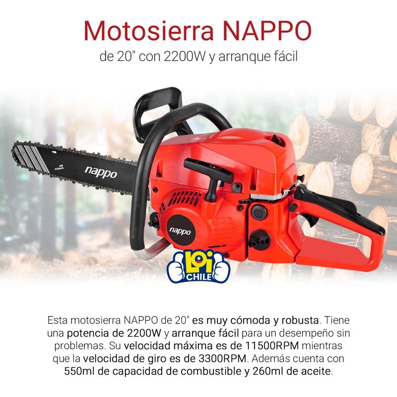 MOTOSIERRA INALAMBRICA A GASOLINA NAPPO 20'' 2200W - 2