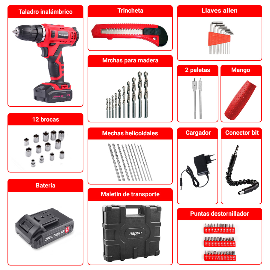 TALADRO INALAMBRICO NAPPO 2 VELOCIDADES CON ACCESORIOS - 4