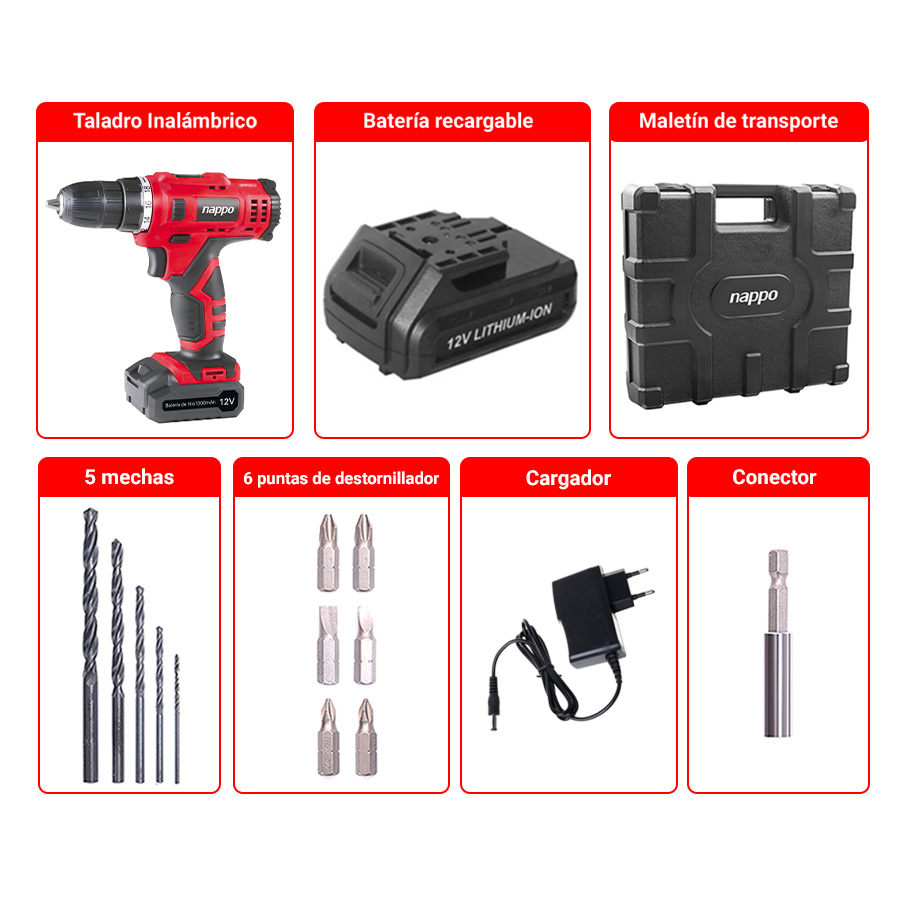TALADRO INALAMBRICO NAPPO NHK-054 12V CON ACCESORIOS - 4