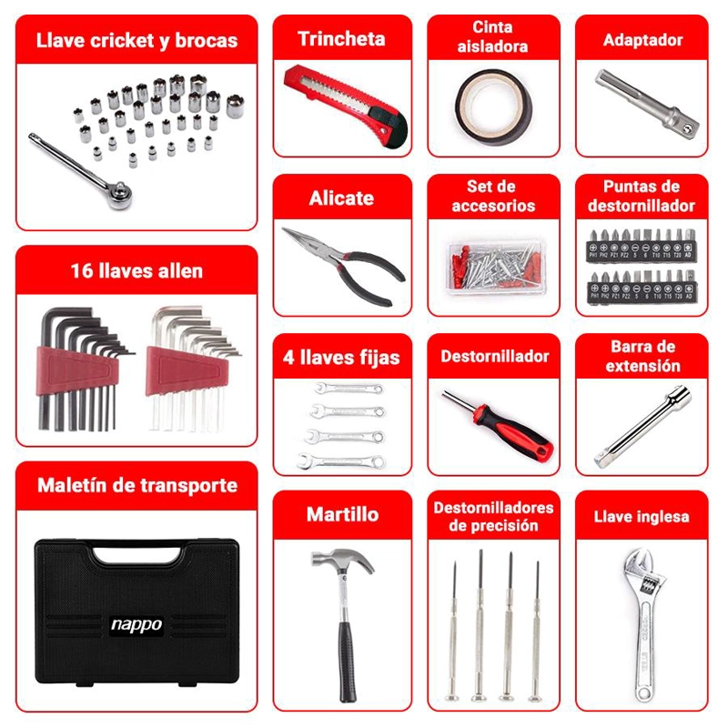 KIT DE HERRAMIENTAS NAPPO 159 PIEZAS MANUALES Y PRECISION - 4